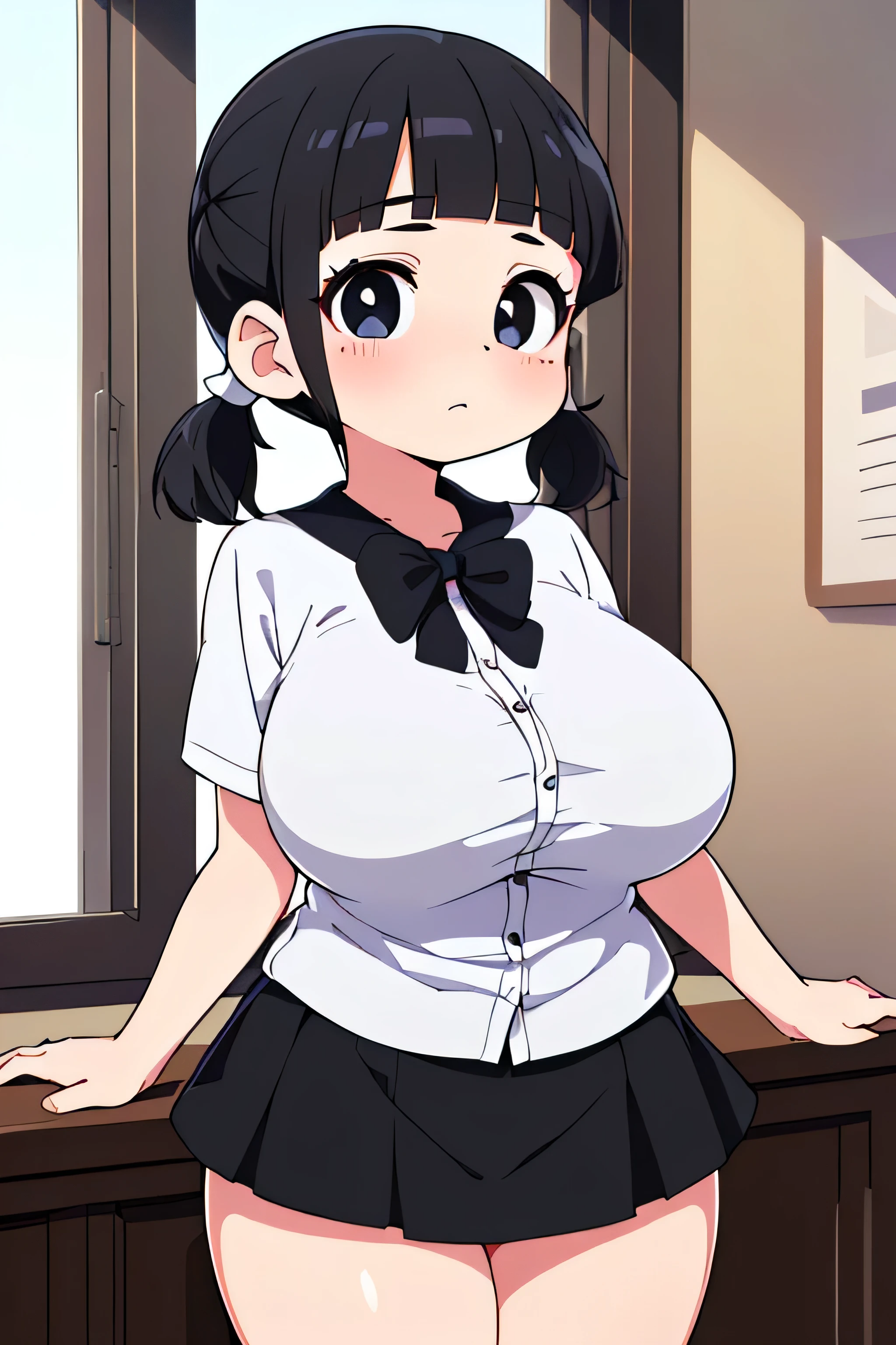 (((masterpiece,High resolution,high quality,Very detailed,8K,An illustration))),(((Baby Face,Droopy eyes))),(((Very large breasts))),(((Bursting Breasts))),((Abundant thighs)),(((Black Hair,Straight Hair,Short Pigtails,No sideburns,blunt bangs:1.5))),((Looking at the camera),(((White shirt,Short check skirt)),(School),