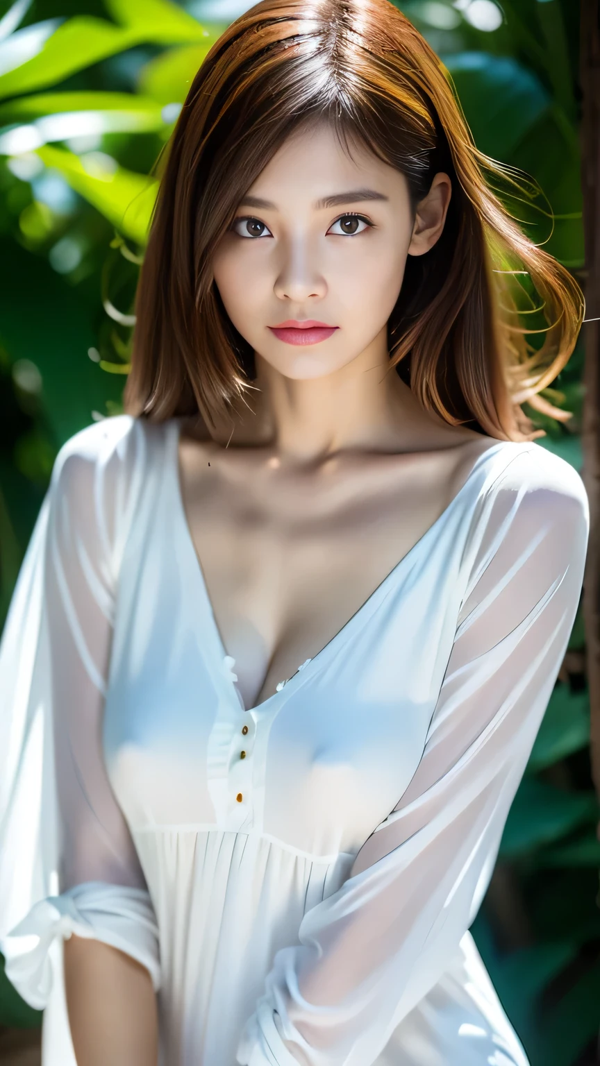 (Raw photo, Best Quality), (Realistic, Photorealsitic:1.3), masutepiece, Extremely delicate and beautiful, Soft light, (Brown hair, Shoulder-length straight hair swaying in the wind), Beautiful detailed girl, (Detailed fingers), extremely detailed eye and face, beautiful detailed nose, Beautiful detailed eyes, 1 girl, Japanese, Neat and clean beauty, Cute, young, dress shirts, Pants, (Half body:1.3), (medium breasts), Realistic face, Realistic body,