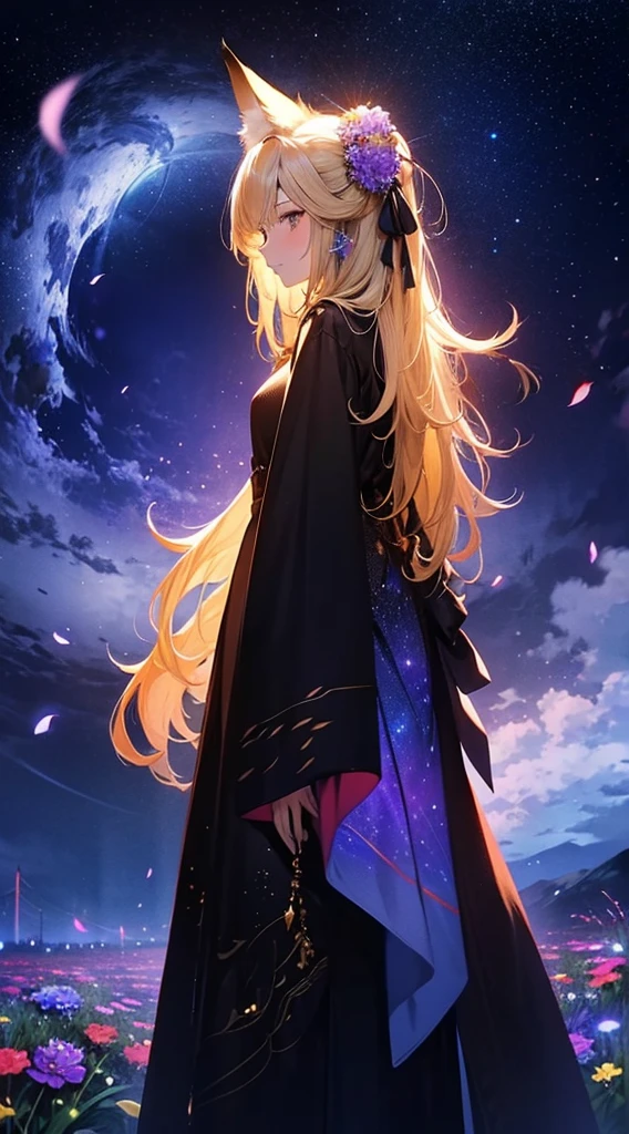 １people々々,Blonde long-haired woman，Fox Ears，Long coat， Dress Silhouette， Rear View，Space Sky, Flower Field，Colorful flowers