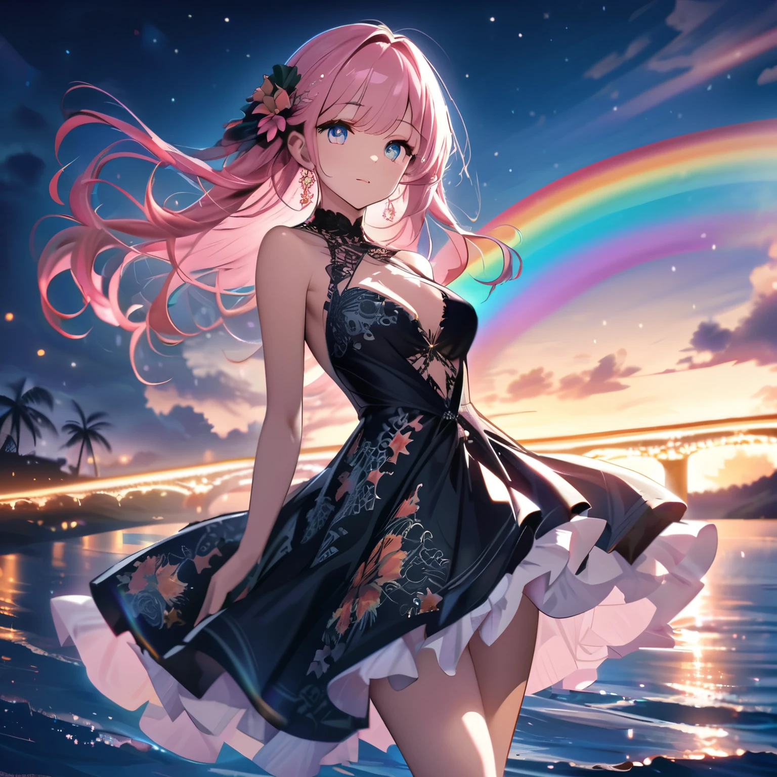 ``A beautiful woman with long pink hair and beautiful eyes wearing an elegant and detailed hawaiian dress.The dress must have intricate designs and patterns to give it a luxurious and luxurious feel.In the background , the image should depict a romantic Hawaiian beach at night with light reflecting off the water and an illuminated bridge across the scene, emphasizing the sparkling effects and rainbows throughout the image. Enhance your look and add special ruffles to your dress to make it stand out.”