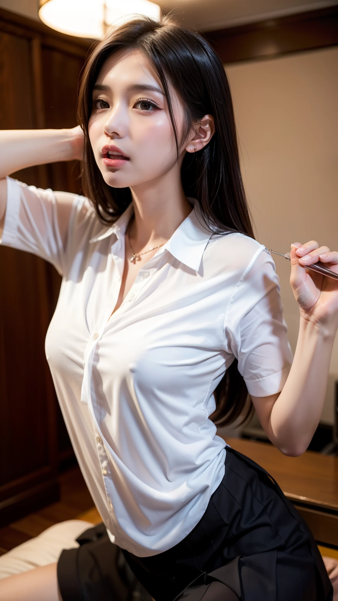 8K quality、High definition、Realistic skin texture、High definitionの瞳、、Blowjobする女、Brown long hair、、A neat and tidy blouse dress made of thin fabric、slender、Model Body Type、Flip-up skirt、Realistic female genitalia、Deeply sucking a realistic male organ、Blowjob、Deep Throat、Semen-covered body、Bury your head in the man&#39;s waist