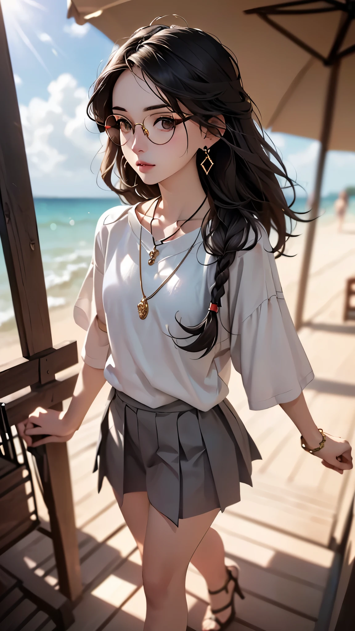 ((Biologically correct limb count))、((Full Body Shot, Full-body photo including face))、4K、masterpiece、((Focus on the face))、((Symmetrical facial features))、Eyes of meticulous depiction、Beautiful woman、Excellent style、Beautiful feet、(High heels)、Facial detailing、Small earrings、necklace、((Close-up photo of the upper body))、(Upper body T-shirt、Box Pleated Cart)、Strong sunlight、Scene of walking on the beach、Holding down your hair、Wearing round glasses