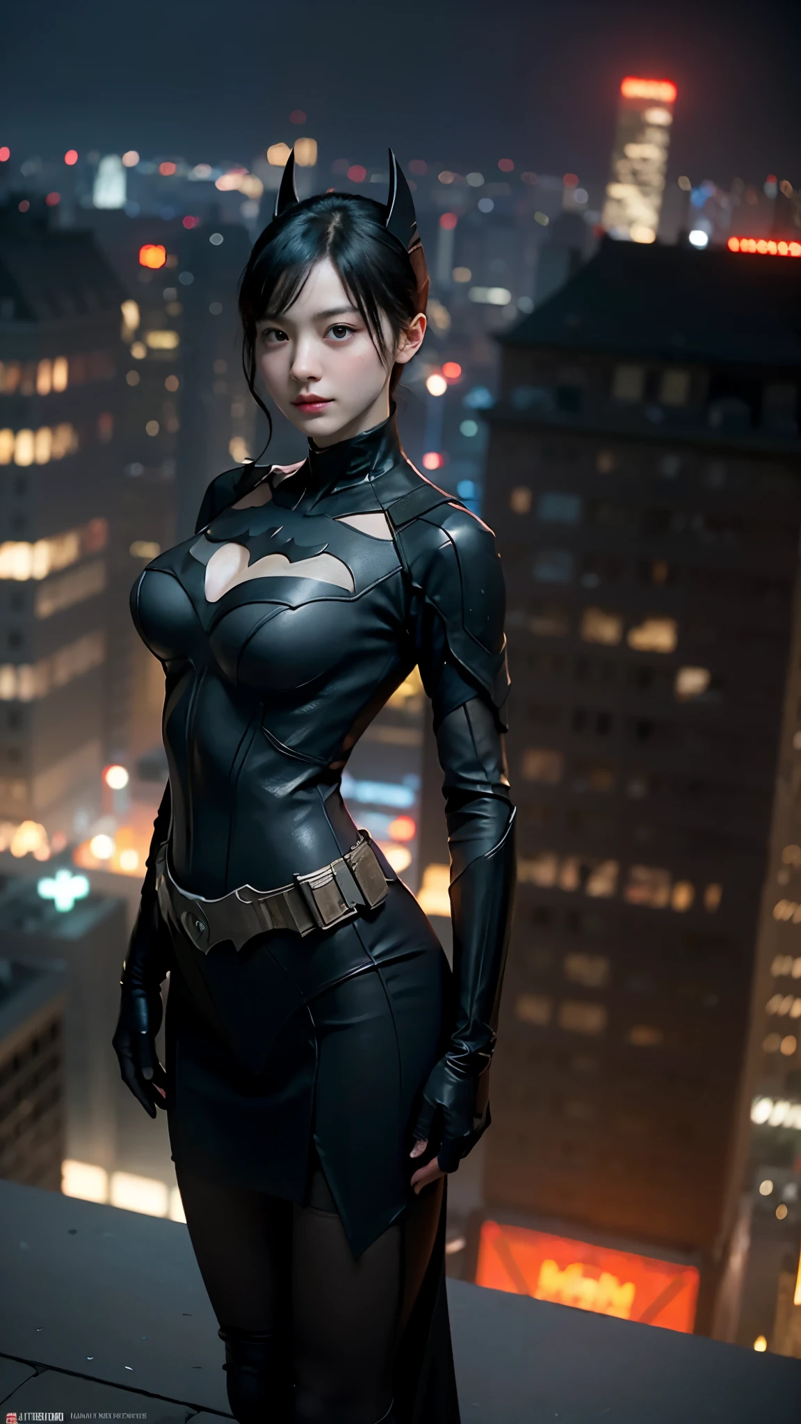 ((Masterpiece, Top Quality, High Resolution, Photorealistic, Raw, 8K wallpaper)), (huge stunning goddess shot,from above, very hot and sexy, jaw dropping beauty, perfect proportions, beautiful body, slim body beauty: 1.4), batman standing on Rooftop overlooking city skyline at night, gotham city background, nighttime in gotham city, gotham city, from movie batman, gotham city double exposure, gotham city style, film still of batman, metropolis filmic gotham city, cyberpunk batman, still image from batman movie, in batman movie still cinematic, gotham setting, the batman, gotham,