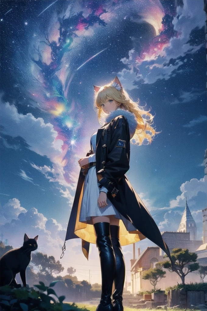 1 female,Cat ear，Blonde long hair， Wide Shot, Stand in the back, silhouette， Knee-high boots，Long coat,High resolution,cosmic starry sky，Flower Field，(Unbelievably absurd),Anime Visual,Highly detailed CG Unity 8k wallpaper, ((masterpiece)), ((highest quality)), (Beautiful illustrations), ((Very delicate and beautiful))