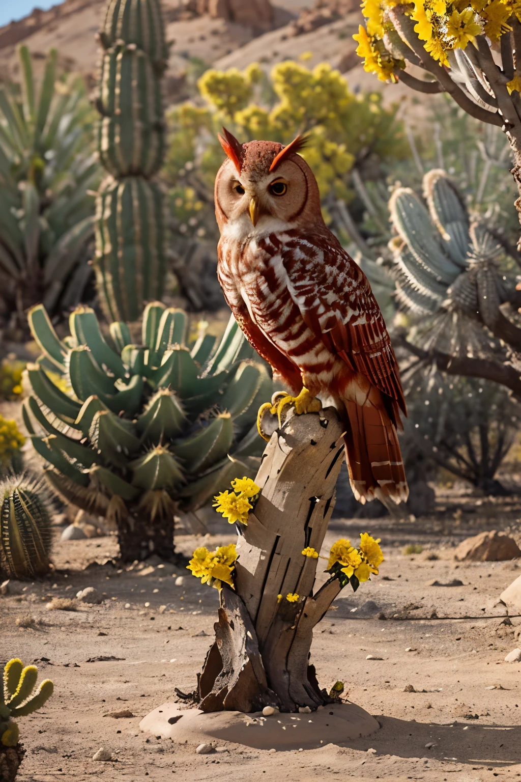 A red owl, perched on a tree branch with yellow flowers, in a barren desert landscape, with spiky cacti and scorching rocks all around, under a scorching sky, evoking a sense of loneliness and survival, Sculpture, modeled clay, --air 16:9 --v