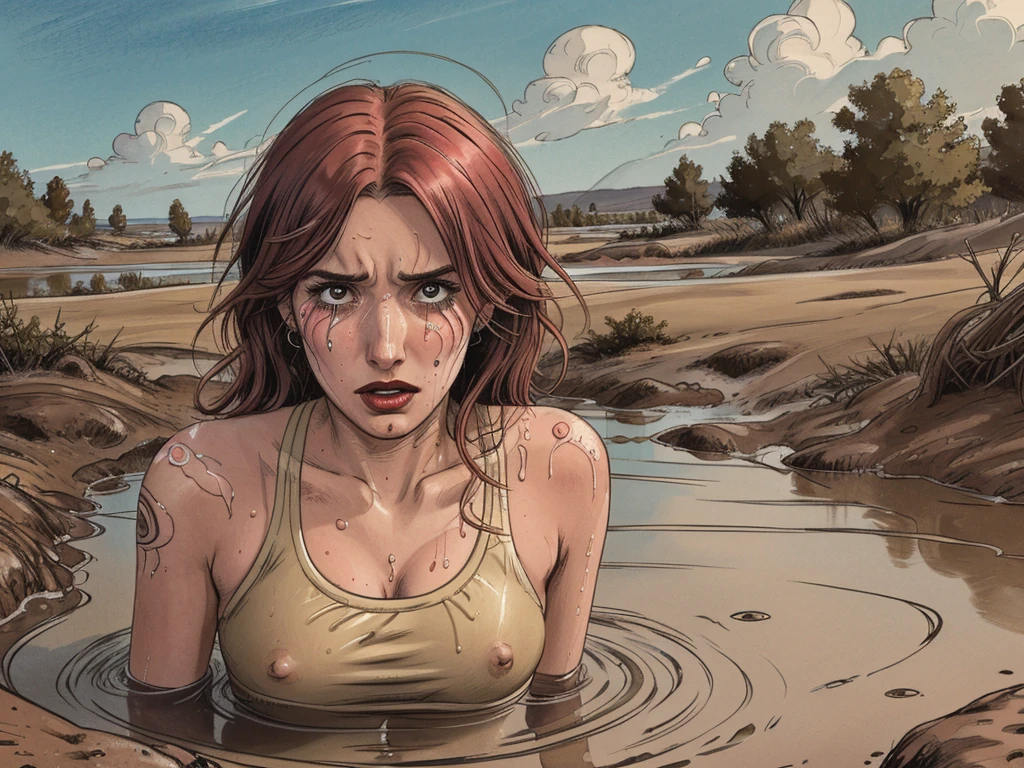( girl head bella thorne), (gloomy orgasm:1.1), (blush), (sporty compression top), (completely drowned in quicksand bog), (red lips), (blue), tattoo, crying tears,sky