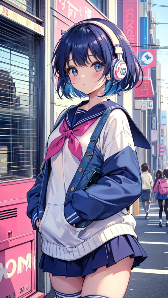 90s City Pop Art、City pop style、sketch style、lofi girl、Beautiful high school girl、8 headodel、Navy blue sailor uniform、White sweater、mini skirt、Knee-high socks、Walking around Harajuku、Headphones 1.2、Listening to music、big eye、whole body、1 person、Cowboy Shot