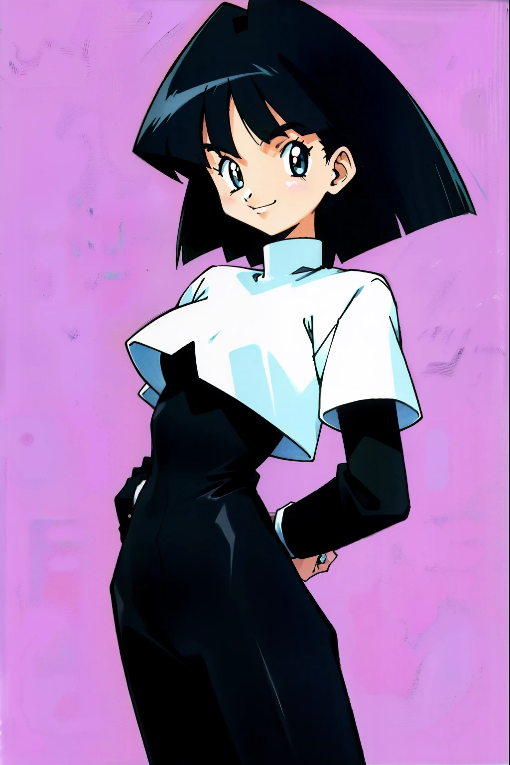 by Ken Sugimori, sugimori 1990s, ((only 1woman)), black business suit, smiling ((hands behind their back)), full black pupils, manga, best quality, highly detailed, clean lines, cowboy shot, good hands, good eyes, hd, 8k, professional, symmetrical, hires, 8k,