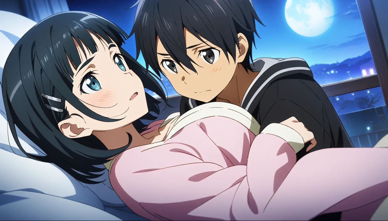 1girl and 1boy, kirigaya Suguha and kirito, sword art online, hug, bed, midnight, masterpiece, best quality, very aesthetic, absurdres, anime artwork, anime style, key visual, vibrant, studio anime, highly detailed