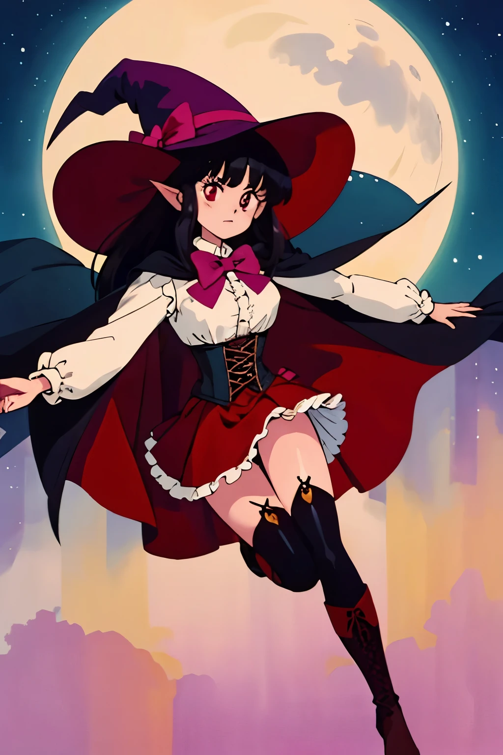 Anime girl, short black hair, Bangs are heavy, elf ears, red eyes, vampire, sorcerer, magician, witch, big witch hat, elegant,((best quality)), ((highly detailed)), masterpiece, absurdres, (detailed eyes, deep eyes), (1girl), puffy shirt, big bowtie, corset, skirt, stockings, boots, cape, Outside at night when the moon shines, dress, frills, The sleeves are wide at the hem, long sleeve shirt