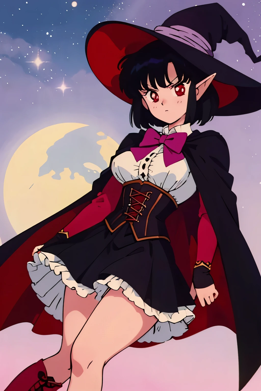 Anime girl, short black hair, Bangs are heavy, elf ears, red eyes, vampire, sorcerer, magician, witch, big witch hat, elegant,((best quality)), ((highly detailed)), masterpiece, absurdres, (detailed eyes, deep eyes), (1girl), puffy shirt, big bowtie, corset, skirt, stockings, boots, cape, Outside at night when the moon shines, dress, frills, The sleeves are wide at the hem, long sleeve shirt