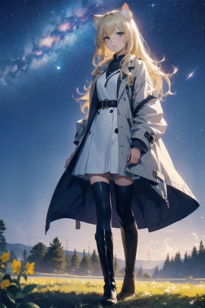 1 female,Cat ear,Blonde long hair, Wide Shot, standing behind, silhouette, Knee-high boots,Long coat,High resolution,cosmic starry sky,Flower Field,(Unbelievably absurd),Anime Visual,Highly detailed CG Unity 8k wallpaper, ((masterpiece)), ((highest quality)), (Beautiful illustrations), ((Very delicate and beautiful))