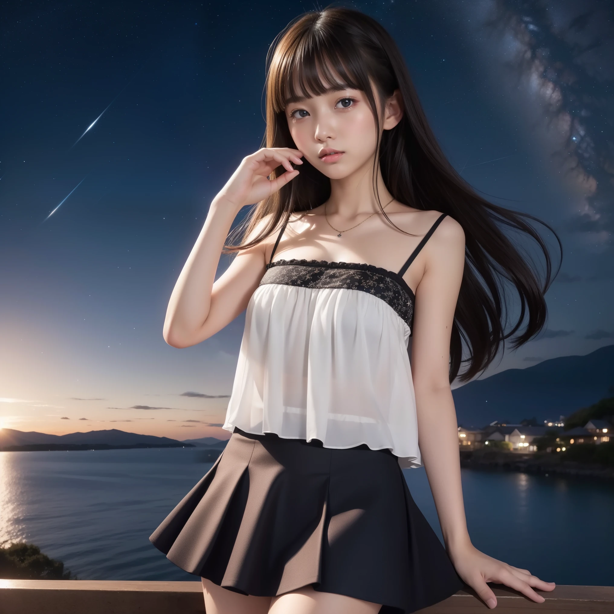 Beautiful images、universe、Fantasy、Shooting start or swarm、age Girl、black eye、Hair length、Starry Sky、Japanese、high school girl、camisole、Fluttering mini skirt、