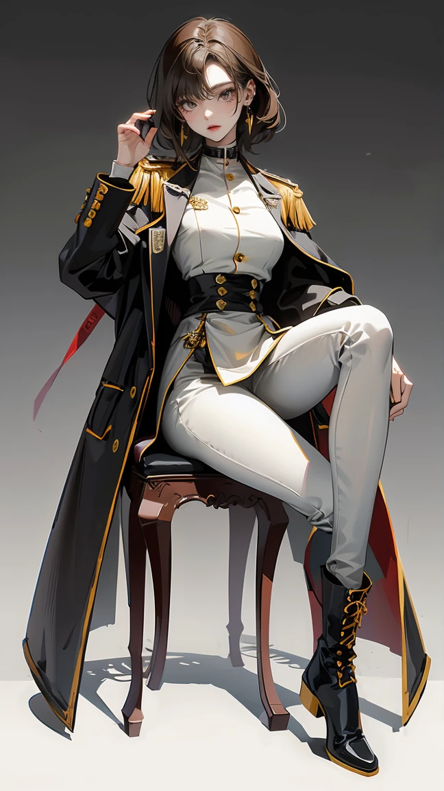 highest quality、masterpiece、8k、Realistic、超High resolution、Very delicate and beautiful、High resolution、Muscle Girl、Gal、Perfect female body、neutral、Brown Hair、Medium Hair、Earrings、Toned body、A luxurious, white military uniform that is easy to move in、White and gold uniform、boots、cigarette、Wild Pose、Full body emphasis、Simple Background