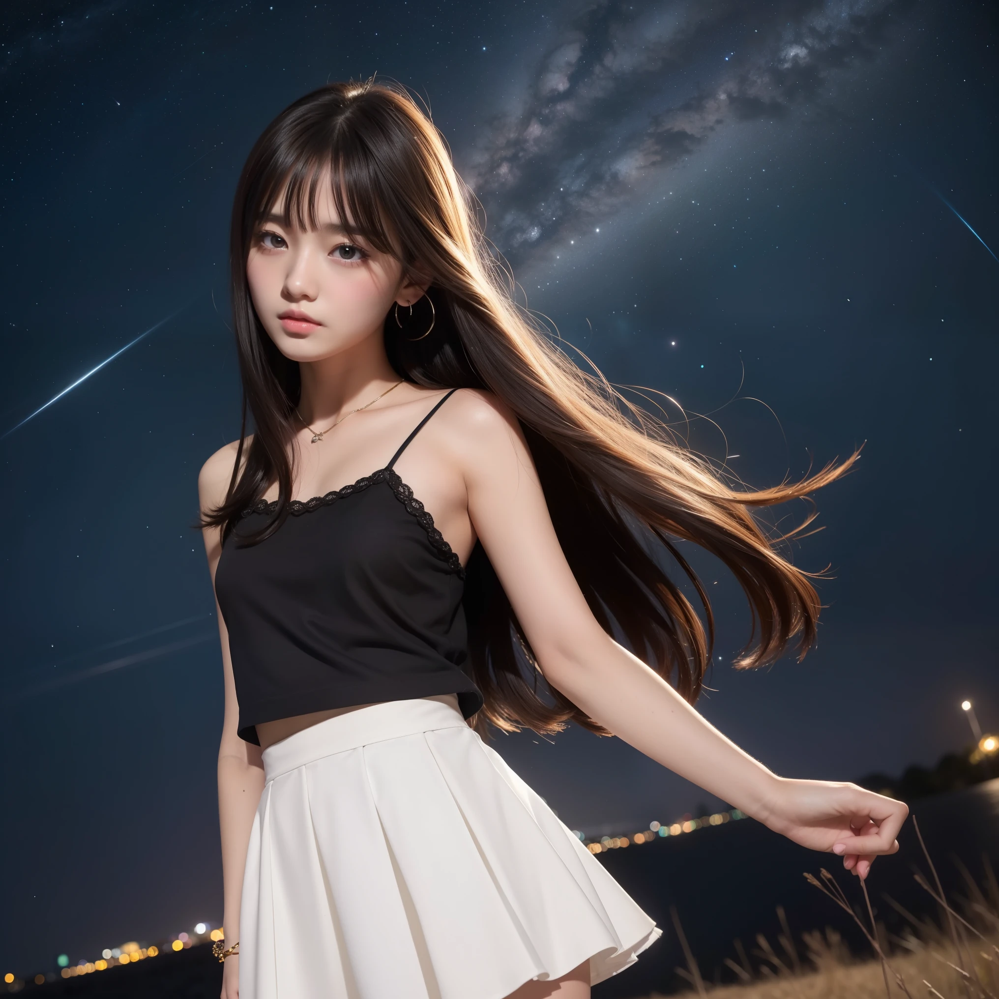 Beautiful images、universe、Fantasy、Shooting start or swarm、 Girl、black eye、Hair length、Starry Sky、Japanese、high school girl、camisole、Fluttering mini skirt、