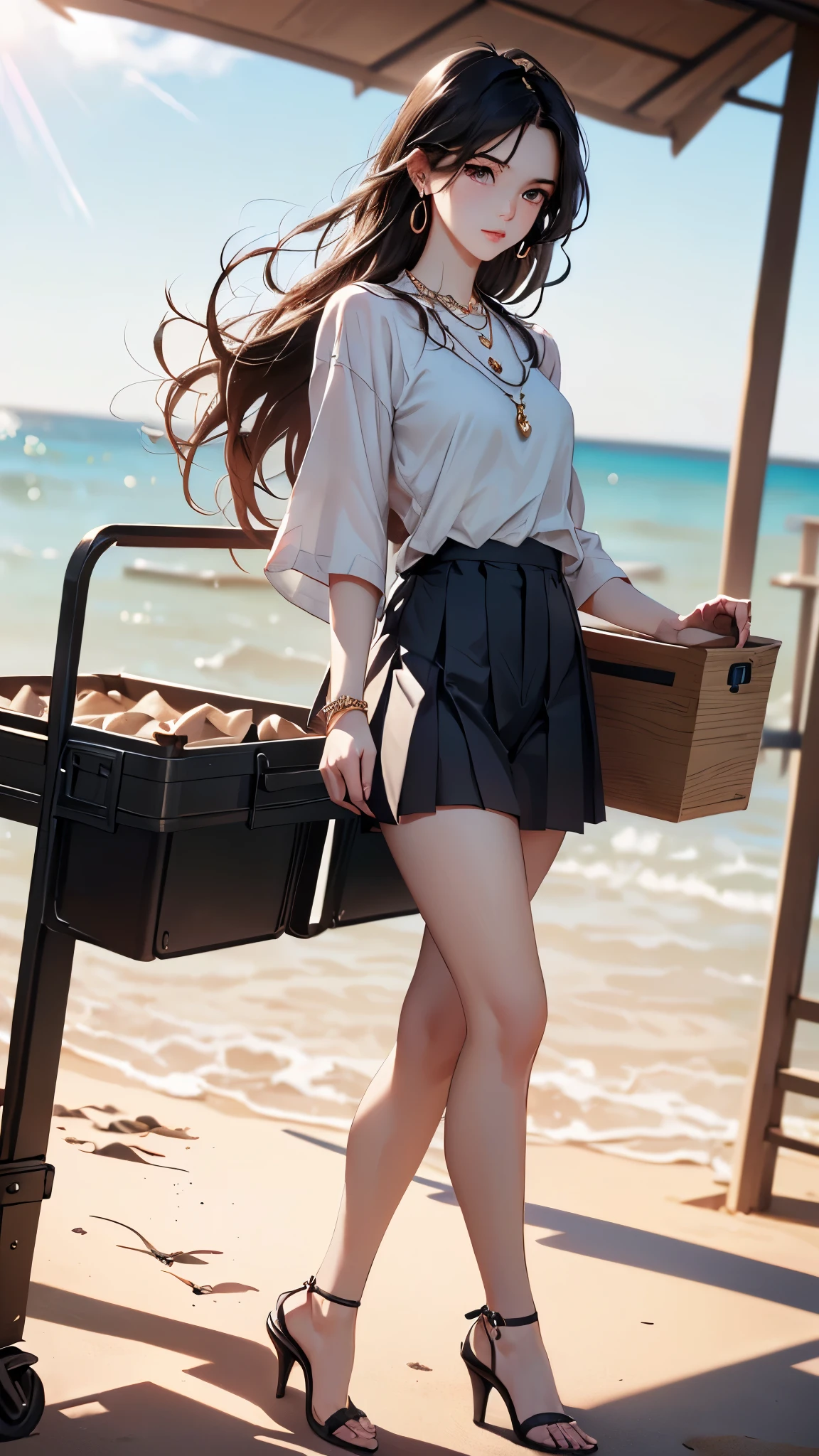 ((Biologically correct limb count))、((Full Body Shot, Full-body photo including face))、4K、masterpiece、((Focus on the face))、((Symmetrical facial features))、Eyes of meticulous depiction、Beautiful woman、Excellent style、Beautiful feet、(High heels)、Facial detailing、Small earrings、necklace、((Close-up photo of the upper body))、(Upper body T-shirt、Box Pleated Cart)、Strong sunlight、Scene of walking on the beach、Holding down your hair、