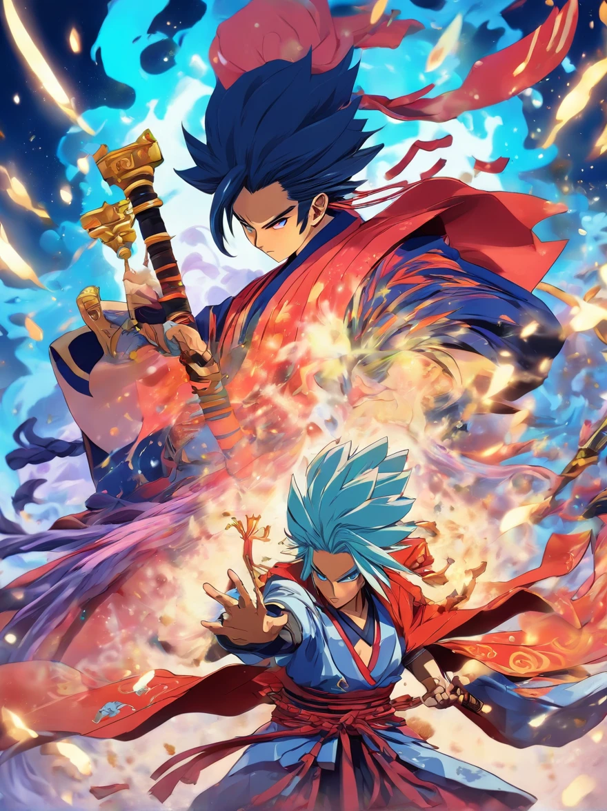 /imagine prompt: Two Onmyoji characters locked in a spell duel, vibrant color splashes representing different elements, manga style, with flying papers and talismans, dynamic poses. Created Using: comic ink style, bright and dark contrasts, motion blur, spiritual iconography, energetic scene, detailed costumes, engaging composition, hd quality 