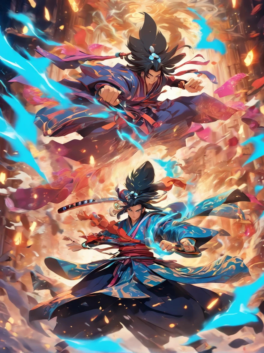 /imagine prompt: Two Onmyoji characters locked in a spell duel, vibrant color splashes representing different elements, manga style, with flying papers and talismans, dynamic poses. Created Using: comic ink style, bright and dark contrasts, motion blur, spiritual iconography, energetic scene, detailed costumes, engaging composition, hd quality