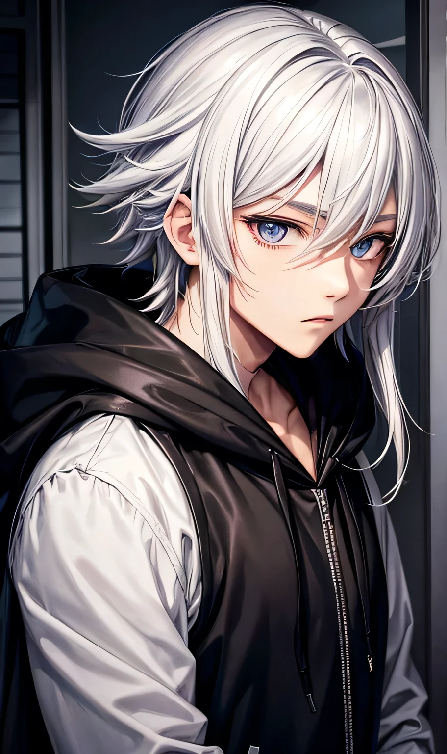 male,Silver Hair,Visual Kei,Handsome,Black hoodie,Wearing a hood