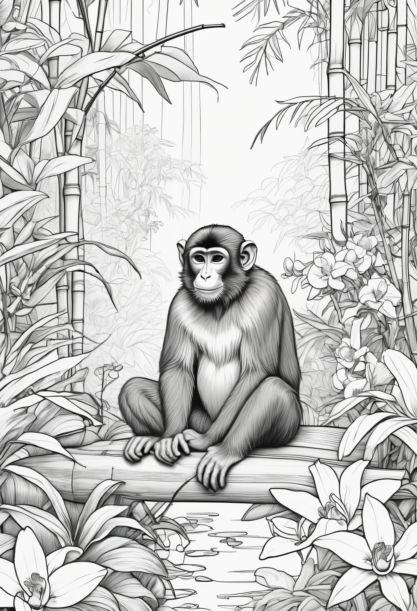 Line drawing, Pixar style, coloring page, A monkey resting among vibrant orchids in an Asian-inspired bamboo forest, ColoringBookAF,blank white background,ColoringBookRedmond-ColoringBook