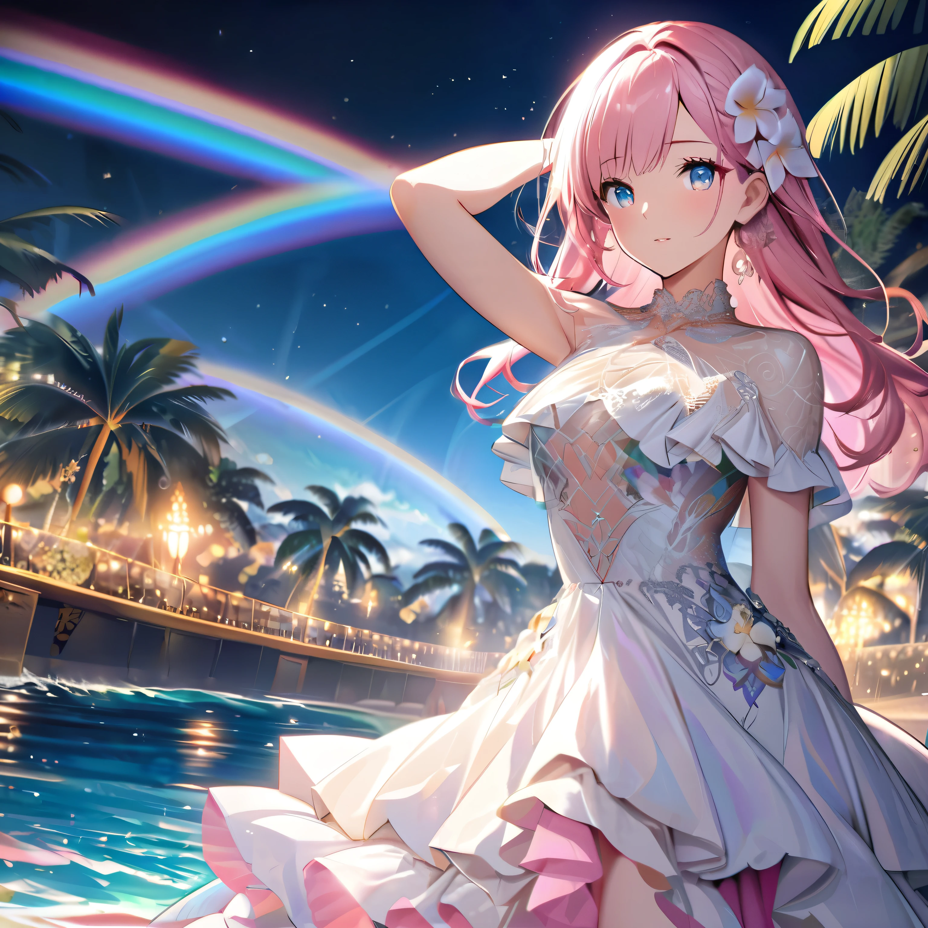 ``A beautiful woman with long pink hair and beautiful eyes wearing an elegant and detailed hawaiian dress.The dress must have intricate designs and patterns to give it a luxurious and luxurious feel.In the background , the image should depict a romantic Hawaiian beach at night with light reflecting off the water and an illuminated bridge across the scene, emphasizing the sparkling effects and rainbows throughout the image. Enhance your look and add special ruffles to your dress to make it stand out.”