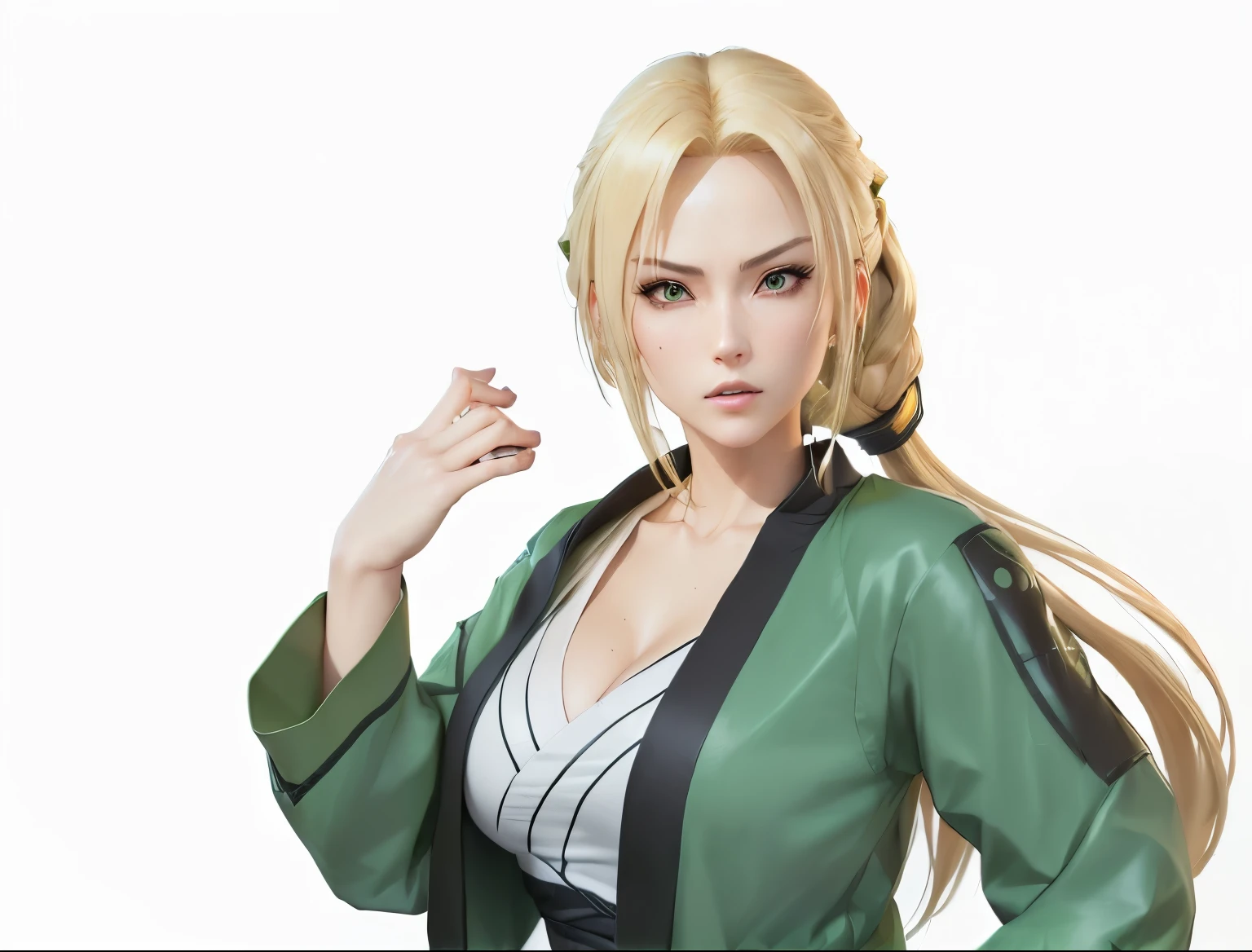 blond woman with long hair in green jacket and black pants, tsunade from naruto, realistic anime 3 d style, as a character in tekken, fighting game character, photorealistic anime girl render, 3 d anime realistic, kunoichi, render of april, tifa lockhart with white hair, sakimichan hdri, character from king of fighters