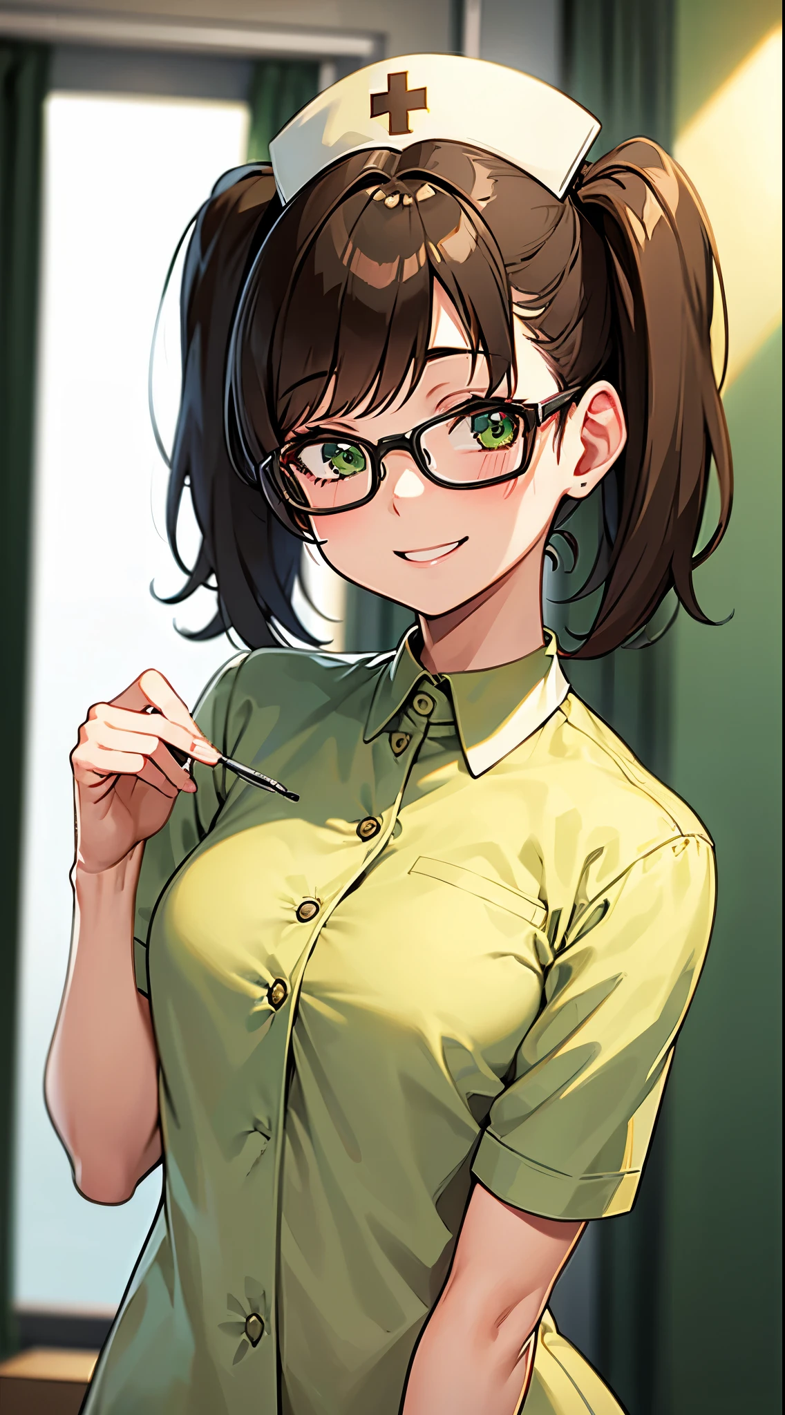 Girl, twintail short hair, brown hair, green eyes, glasses, cute girl smile, nurse uniform, hospital