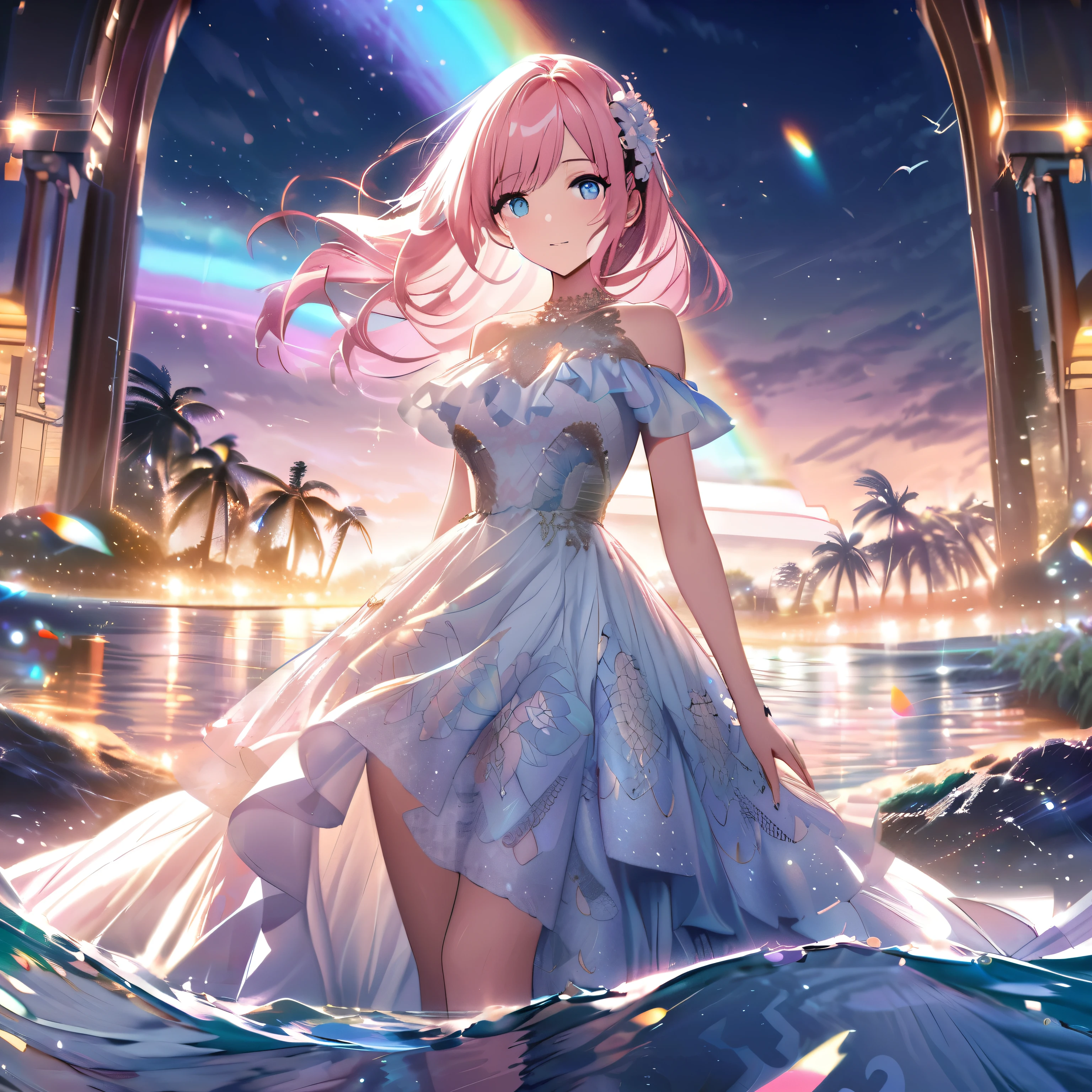 ``A beautiful woman with long pink hair and beautiful eyes wearing an elegant and detailed hawaiian dress.The dress must have intricate designs and patterns to give it a luxurious and luxurious feel.In the background , the image should depict a romantic Hawaiian beach at night with light reflecting off the water and an illuminated bridge across the scene, emphasizing the sparkling effects and rainbows throughout the image. Enhance your look and add special ruffles to your dress to make it stand out.”