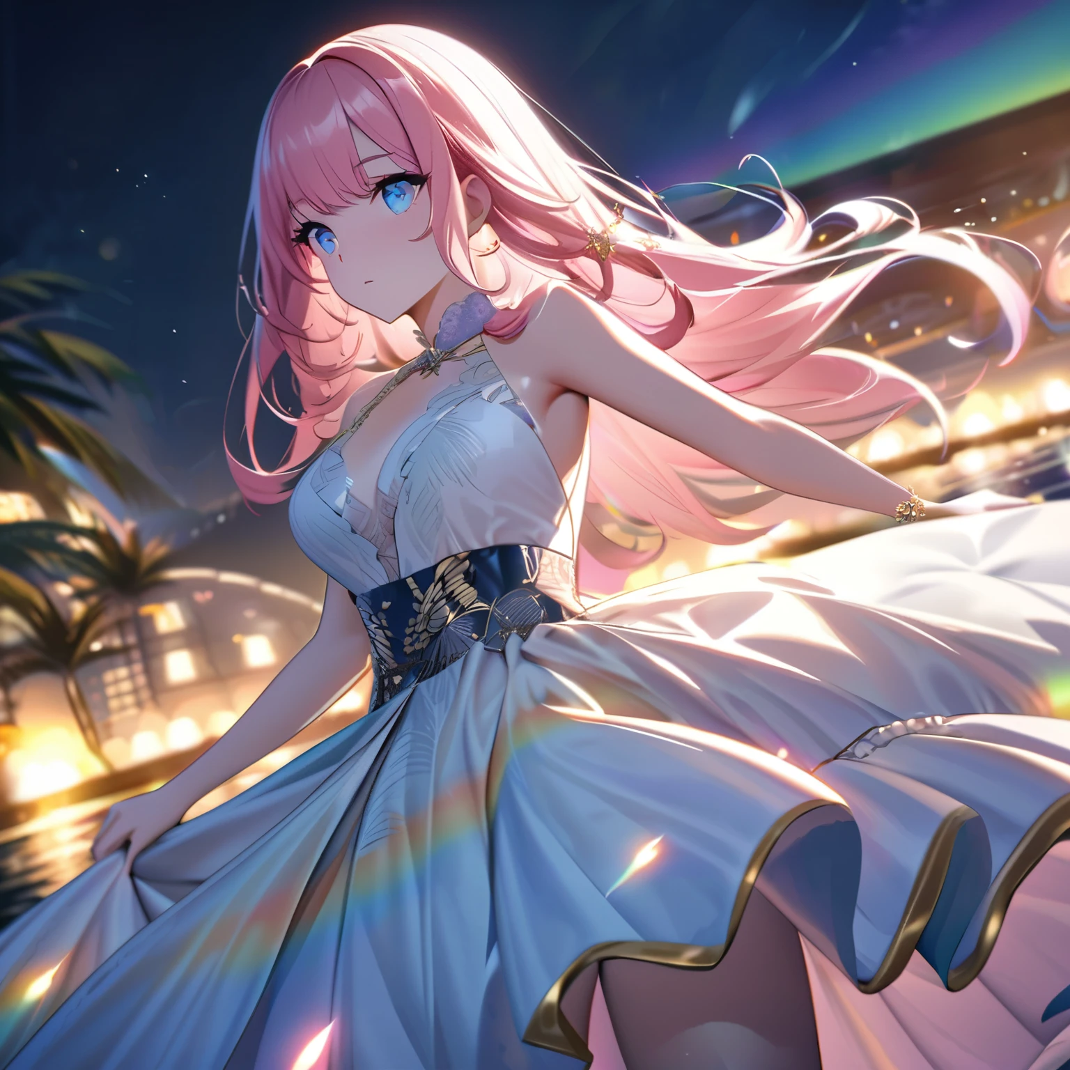 ``A beautiful woman with long pink hair and beautiful eyes wearing an elegant and detailed hawaiian dress.The dress must have intricate designs and patterns to give it a luxurious and luxurious feel.In the background , the image should depict a romantic Hawaiian beach at night with light reflecting off the water and an illuminated bridge across the scene, emphasizing the sparkling effects and rainbows throughout the image. Enhance your look and add special ruffles to your dress to make it stand out.”