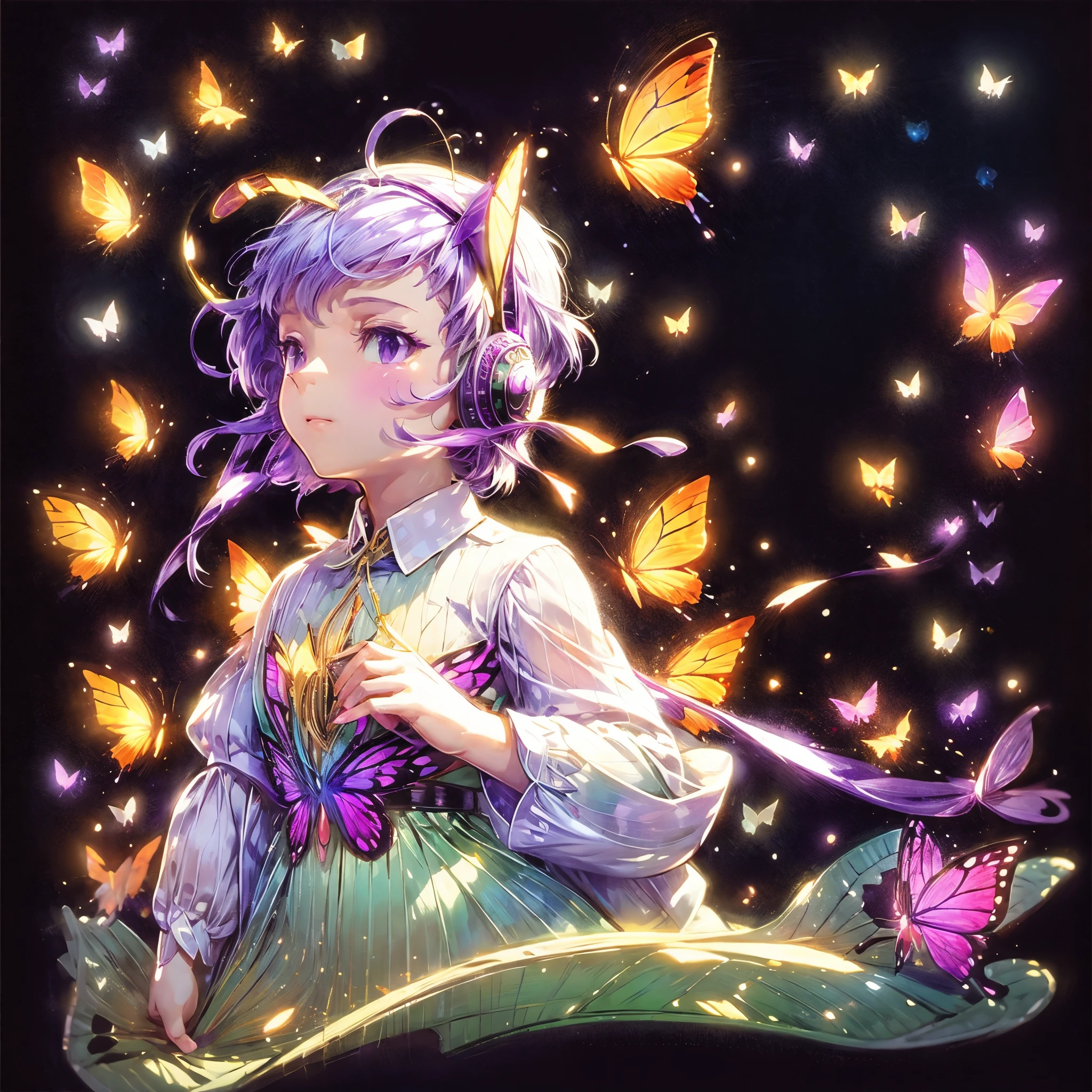 Butterfly, white background, neon butterfly, sticker, purple butterfly, graceful butterfly, glass butterfly, exquisite butterfly, music, headphones, sheet music,