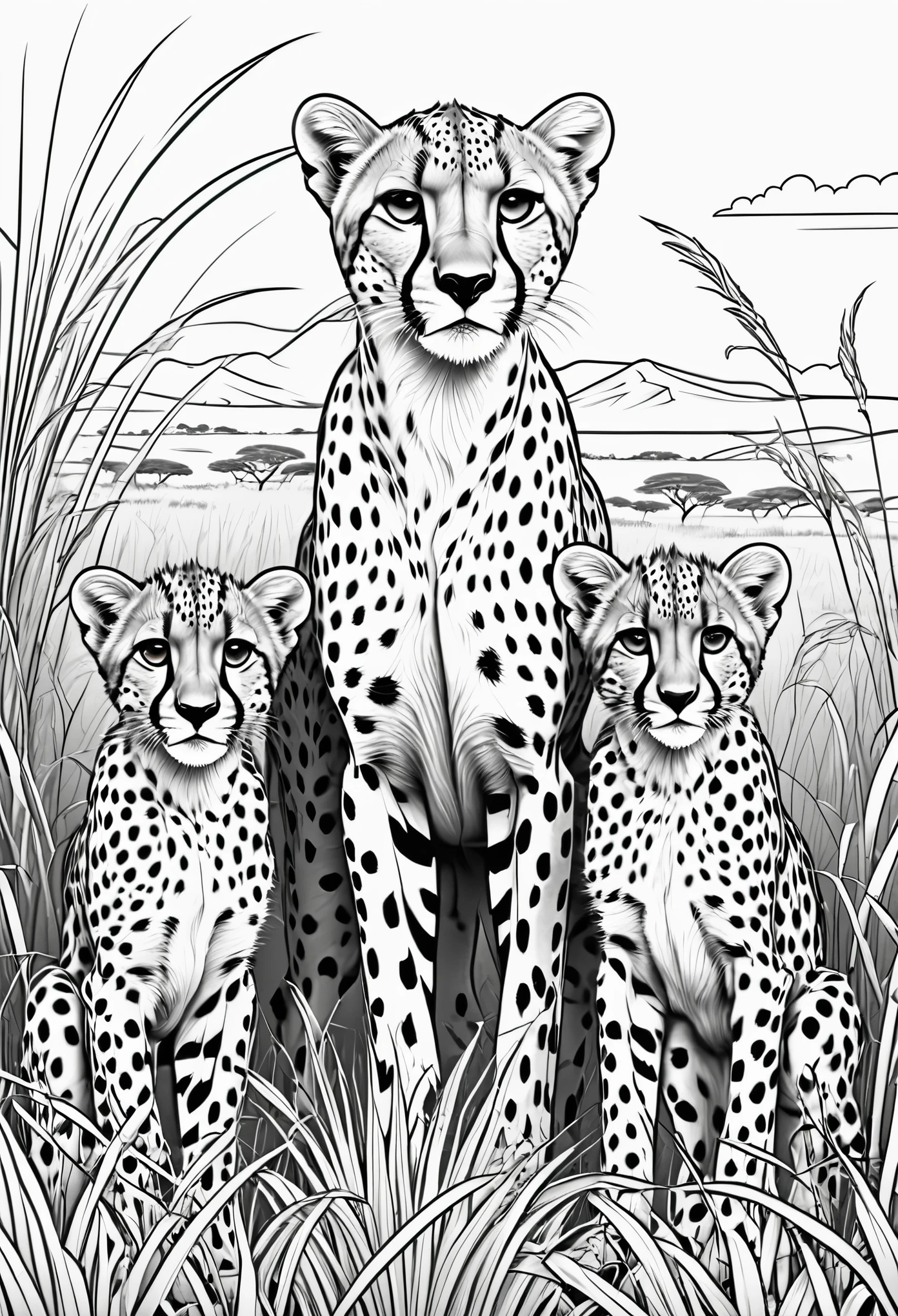 coloring page for kids, cheetah with 2 cheetah cubs in the tall Africa grass lands with lots of bushes, cartoon style, thick lines