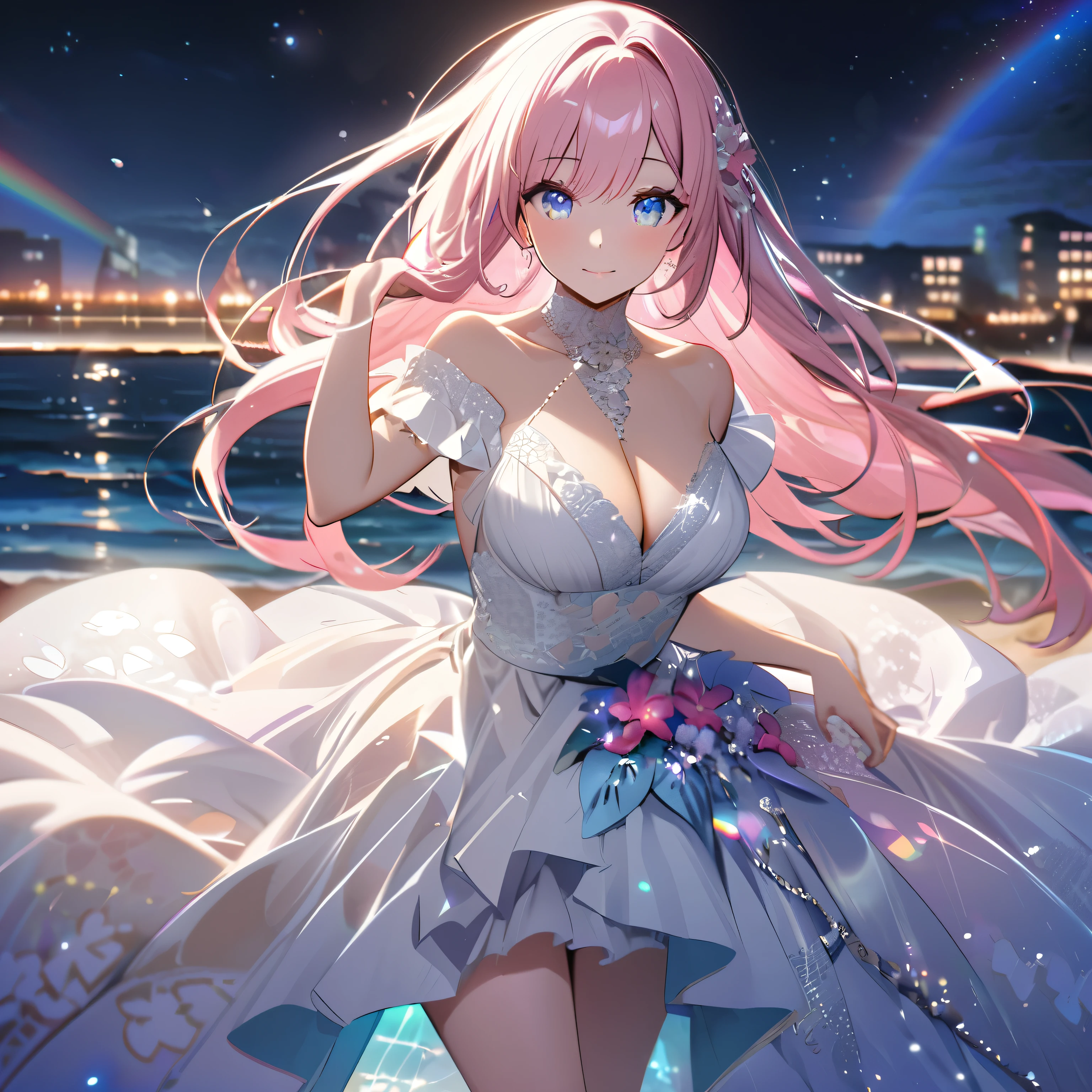 ``A beautiful woman with long pink hair and beautiful eyes wearing an elegant and detailed hawaiian dress.The dress must have intricate designs and patterns to give it a luxurious and luxurious feel.In the background , the image should depict a romantic Hawaiian beach at night with light reflecting off the water and an illuminated bridge across the scene, emphasizing the sparkling effects and rainbows throughout the image. Enhance your look and add special ruffles to your dress to make it stand out.”