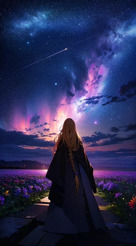 １people々々々,Blonde long-haired woman，Long coat， Dress Silhouette， Rear View，Space Sky, Flower Field，Colorful flowers