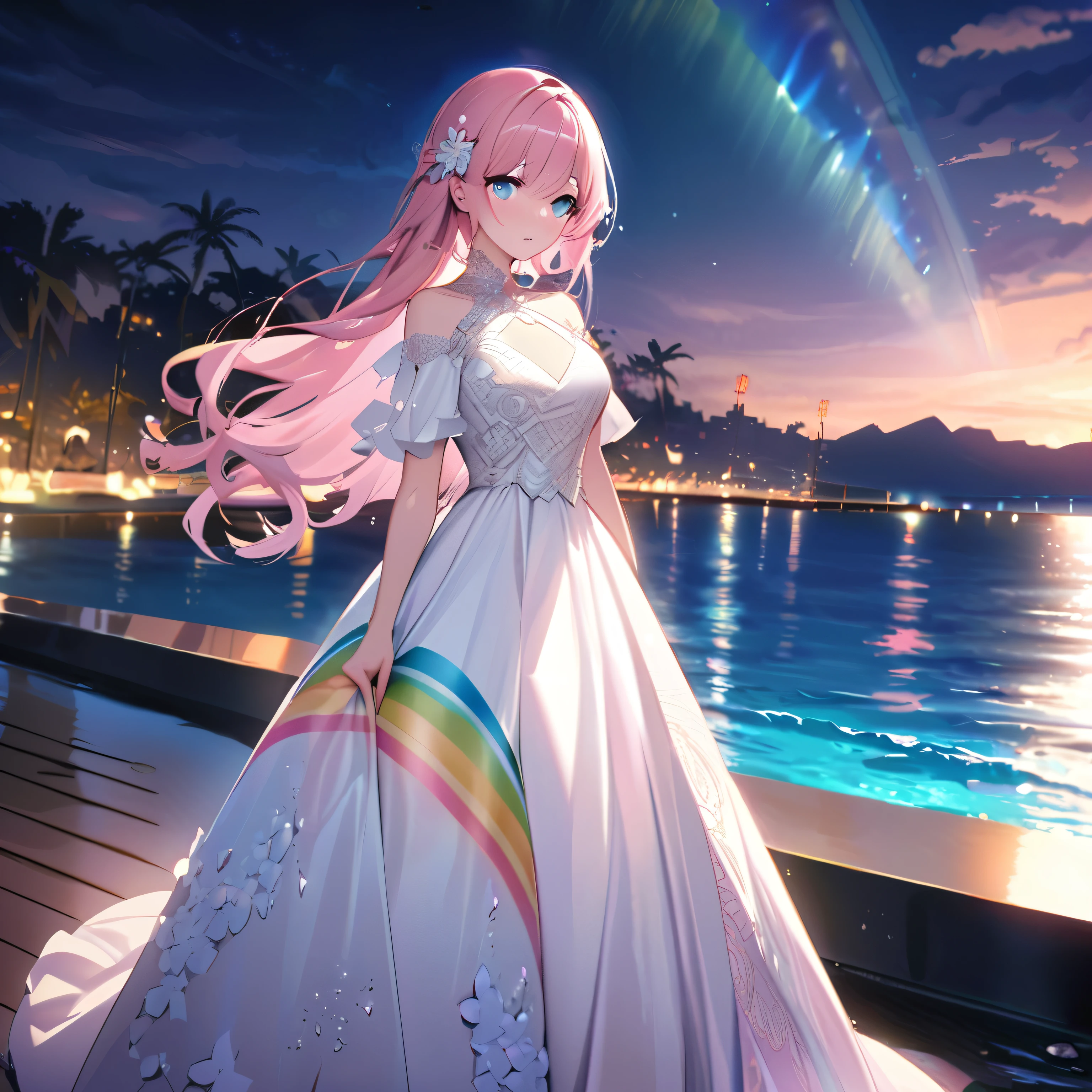 ``A beautiful woman with long pink hair and beautiful eyes wearing an elegant and detailed hawaiian dress.The dress must have intricate designs and patterns to give it a luxurious and luxurious feel.In the background , the image should depict a romantic Hawaiian beach at night with light reflecting off the water and an illuminated bridge across the scene, emphasizing the sparkling effects and rainbows throughout the image. Enhance your look and add special ruffles to your dress to make it stand out.”