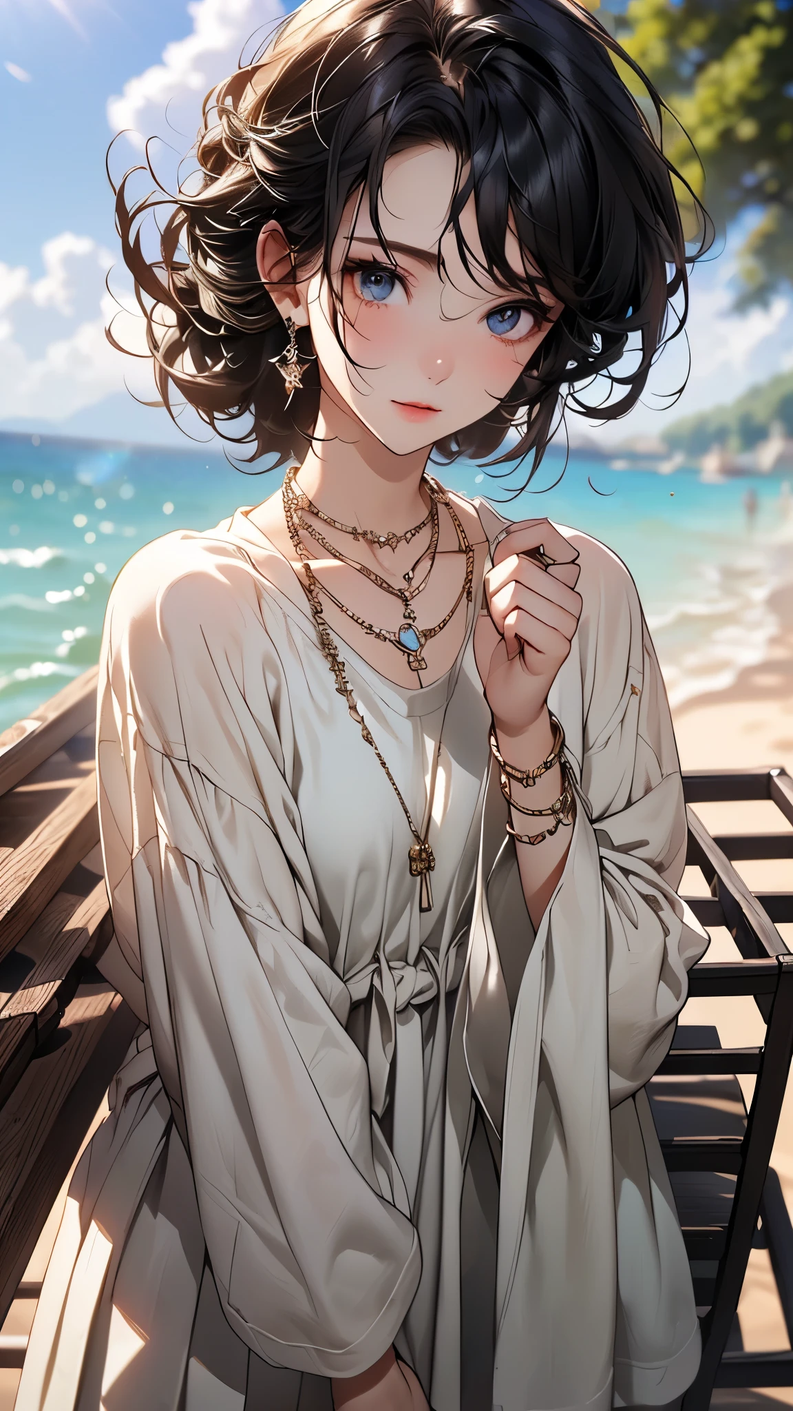 ((Biologically correct limb count))、((Full Body Shot, Full-body photo including face))、4K、masterpiece、((Focus on the face))、((Symmetrical facial features))、Eyes of meticulous depiction、Beautiful woman、Excellent style、Beautiful feet、(High heels)、Facial detailing、Small earrings、necklace、((Close-up photo of the upper body))、(Upper body T-shirt、Box Pleated Cart)、Strong sunlight、Scene of walking on the beach、Holding down your hair、