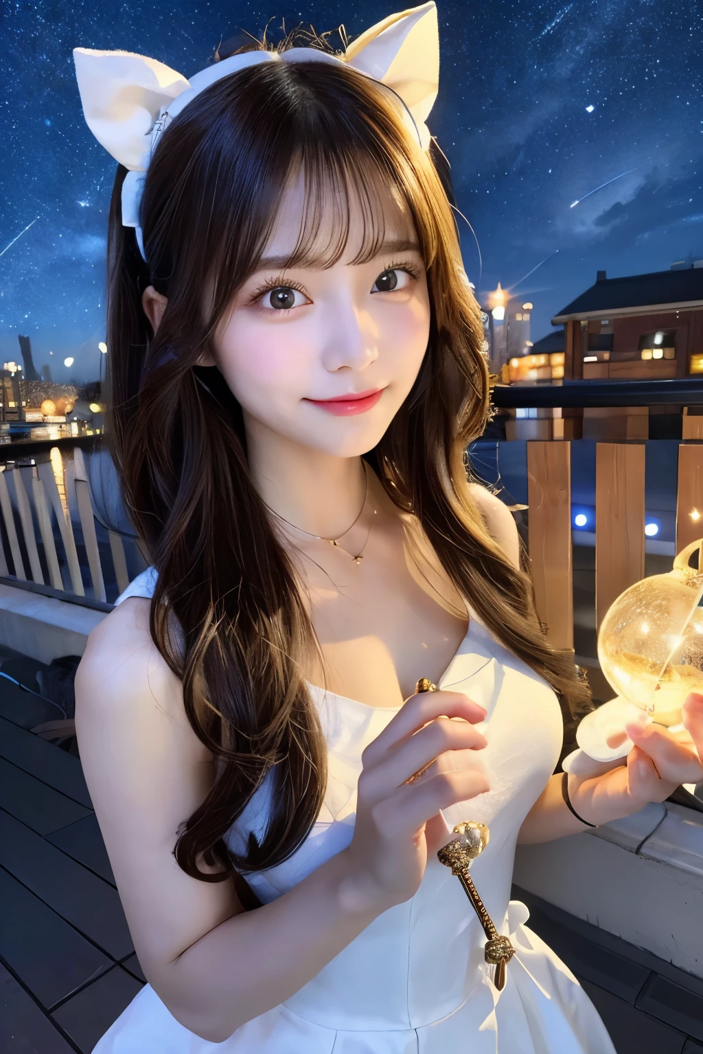 A beautiful girl in the North Star sky holds a magic wand、Has a perfect face,Save the World