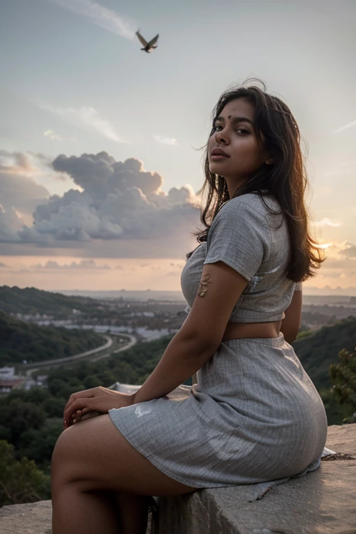 A beautiful fat Indian woman, wearing a grey dress, sitting on a mountain, watching the sunset, birds in the sky