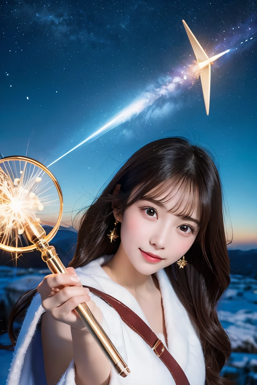 A beautiful girl in the North Star sky holds a magic wand、Has a perfect face，Save the World