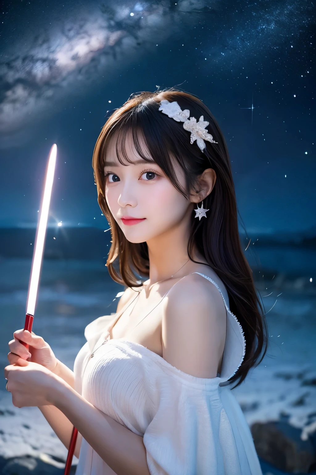 A beautiful girl in the North Star sky holds a magic wand、Has a perfect face，Save the World