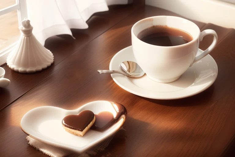 there is a cup of coffee and a plate with a heart shaped cookie, coffee, soft vignette, Still image像, sitting at a mocha-colored table, tea, heart, delicious, Soft - Warm, cute:2, photograph, morning, photographStill image, soft morning light, Still image, February), cup of coffee, Drinking a cup of hot chocolate, morning time