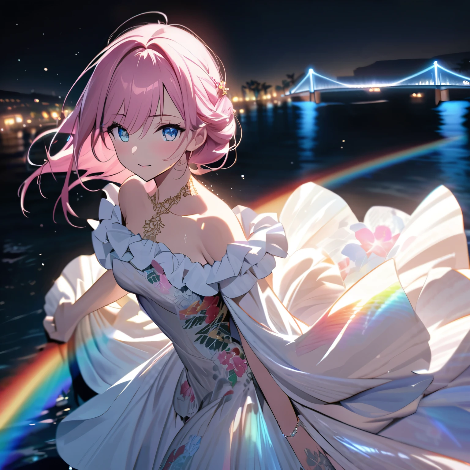 ``A beautiful woman with long pink hair and beautiful eyes wearing an elegant and detailed hawaiian dress.The dress must have intricate designs and patterns to give it a luxurious and luxurious feel.In the background , the image should depict a romantic Hawaiian beach at night with light reflecting off the water and an illuminated bridge across the scene, emphasizing the sparkling effects and rainbows throughout the image. Enhance your look and add special ruffles to your dress to make it stand out.”