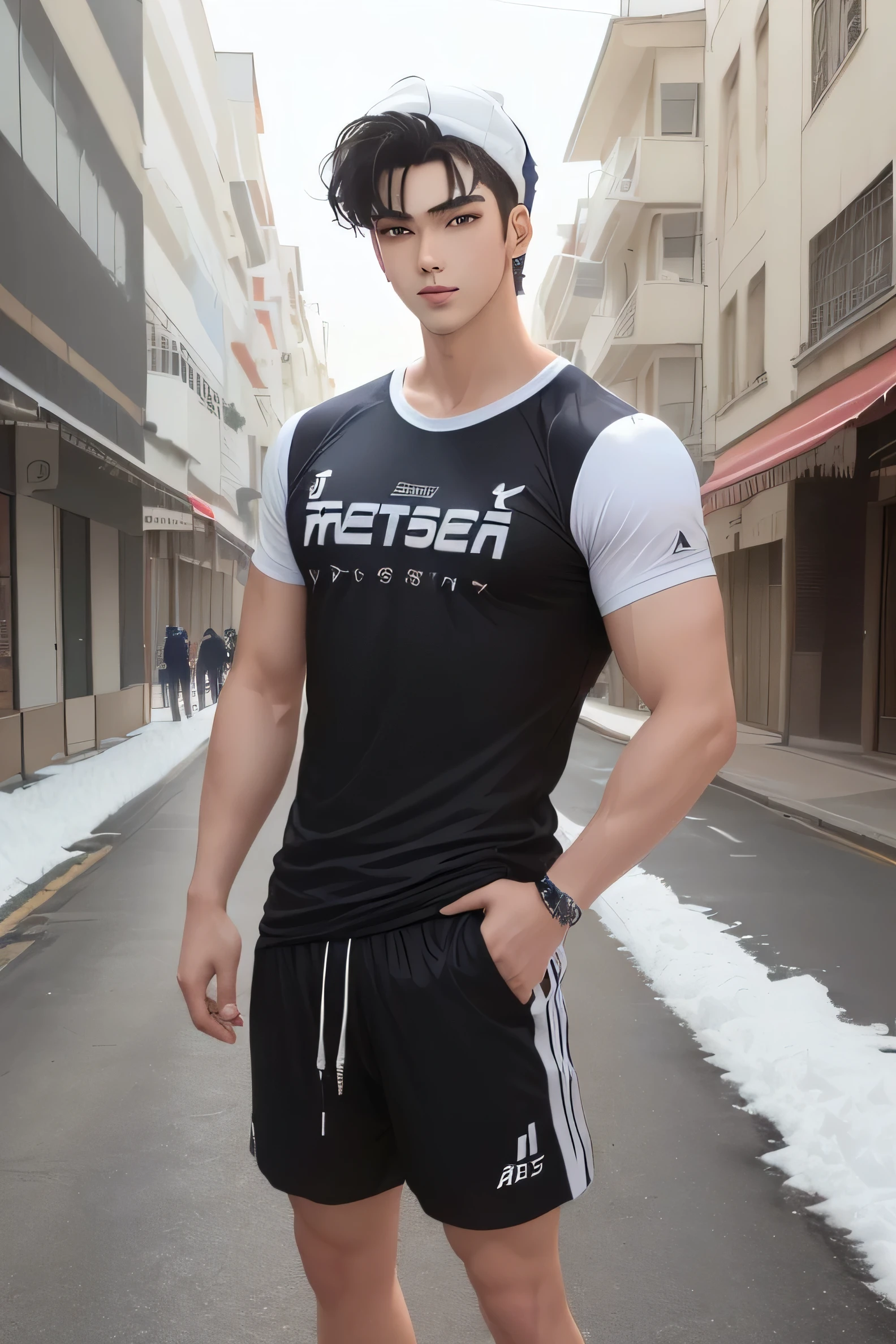 (((Full body image from feet to head of very handsome young single man in his 20s, o homem mais bonito do mundo!!, hair is straight black, his skin is very white like snow, olhos cor de mel, corpo muscular!!, sarado!!, pernas grossas!!, peitoral largo!!, strong arms!!, he is tall he is 1.92 metros de altura, estilo anime, astro de k-pop, inspirado em Cha Eun-woo da banda Astro!!))), (((Tem Olhos grandes e dourados, inspired by manga and anime))), (((tem grandes olhos dourados))), ((He is smiling and looking sexy)), ((pose correndo de forma feliz)), usando apenas shorts de corrida, sports shoes, trajando uma camiseta branca apertada
