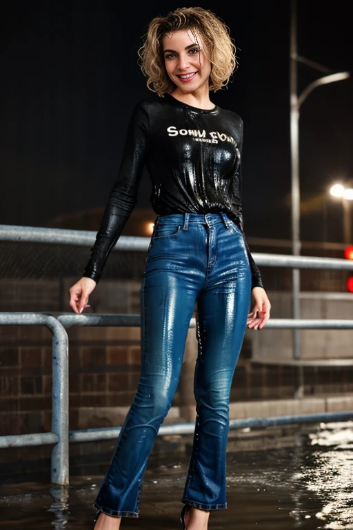 (flares on jeans:1.2), (Water-soaked clothing:1.17), (Best Quality,high resolution,bokeh:1.2),two woman,Pronounced wrinkles,platinum blonde hair,((very short frizzy Blunt Textured bob haircut)),Detailed eyes and face,tshirt,(standing:1.0),(big smile), Posing, standing outside in the pouring rain at night, SoakingWetClothes, ((black high heel pumps)), ((show heels)), jeans are wrinkled from wetness, (((wet hair)))