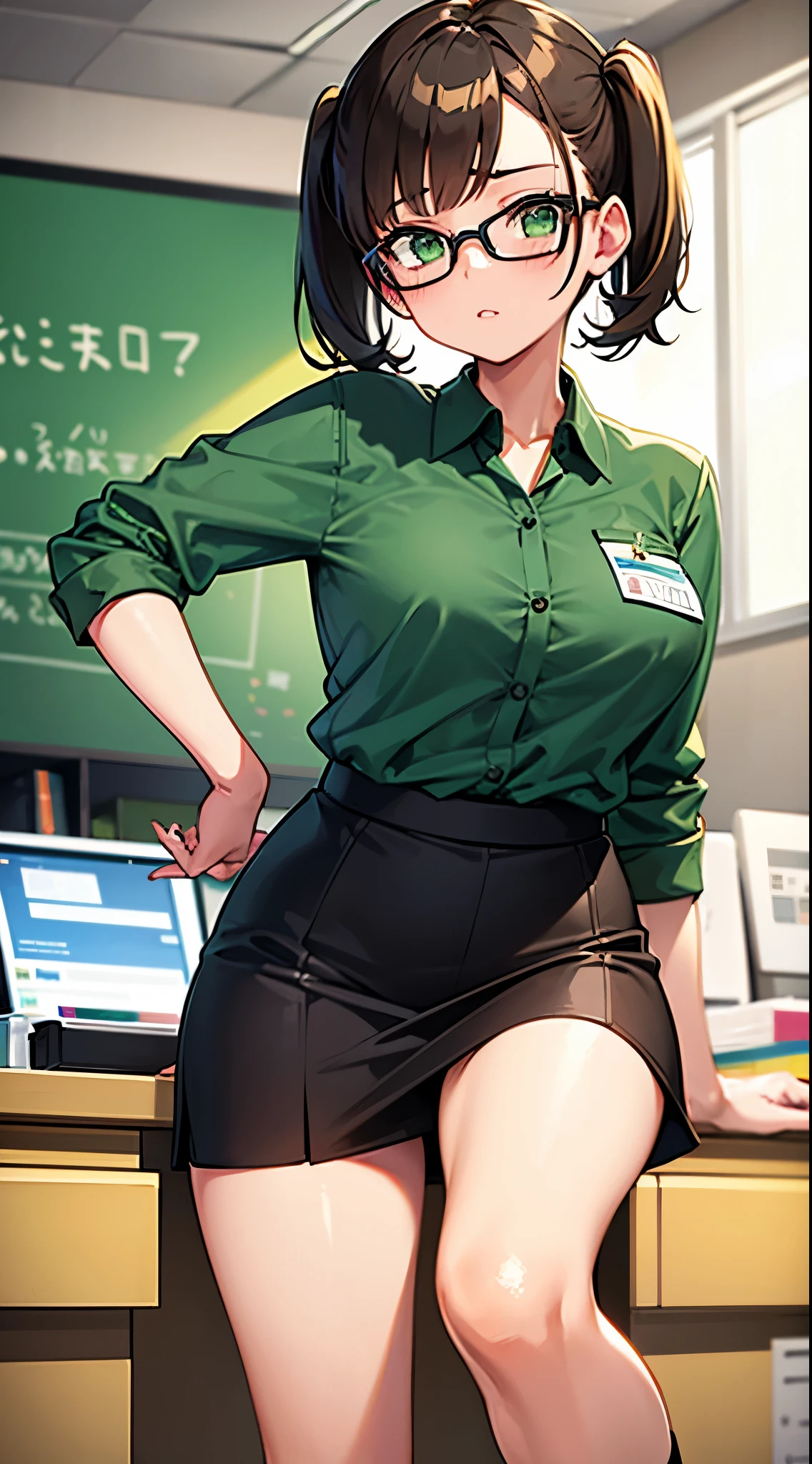 masterpiece、highest quality、Ultra-high resolution、Maximum resolution、Very detailed、Professional Lighting、anime、woman、thin、so beautiful、Brown Hair、Waist-length hair、Purple Eyes、Beautiful Eyes、Delicate eyes、Droopy eyes、Green Eyes、Black Hair、Short Bob Hair、Pink Lips、Gloss Lip、Gold triangular earrings、OL、green business shirt、Black tie、Black business suit、Black mini tight skirt、Fearless smile、Sexy pose、Black high heels、Sit on a chair、Put your feet on the desk、With documents in hand
