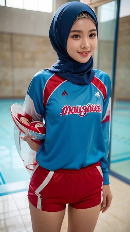 high quality, Indonesian girl wearing a beautiful hijab, rose red hijab mixed with blue, wearing a women's volleyball uniform, transparent fashion, beautiful and cute girl, very detailed, masterpiece. charming atmosphere, sweet smile.