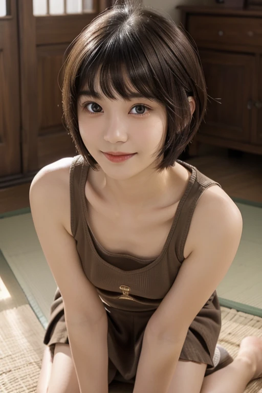 (detailed face, Cute face,Brown Eye),masterpiece , highest quality , detailed, Tank top , (((Kneel))) , Show your hand , Underarm , Japanese , smile , whole body , room , indoor、(Lovely bowl cut)