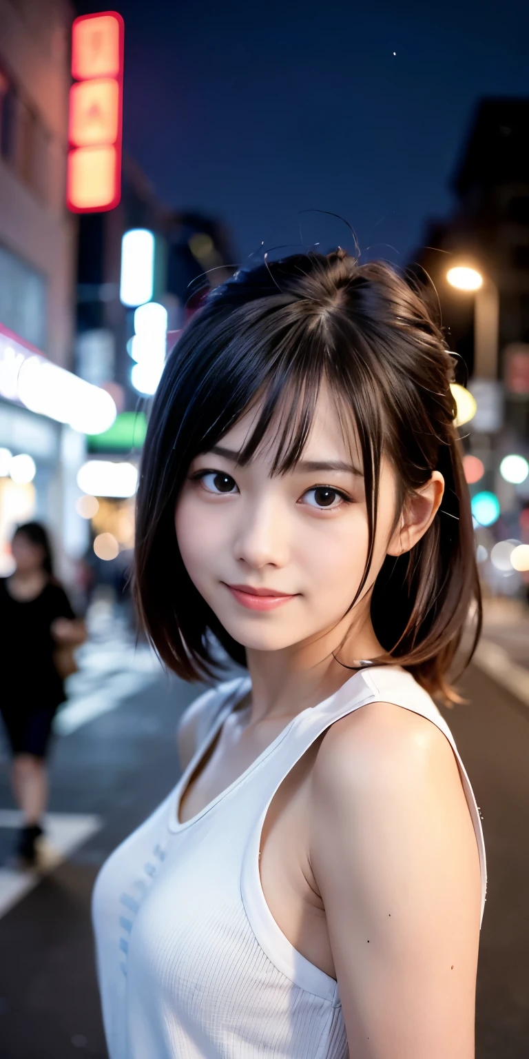 1 Girl, Tokyo Street,night, Streetscape,City lights,Upper Body,close,smile,, (8K, Raw photo, highest quality, masterpiece:1.2),(Realistic, photo-Realistic:1.37),