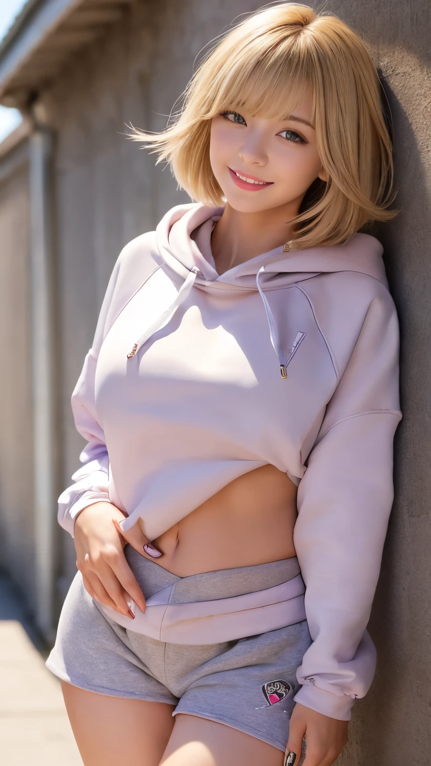 セクシーなBig Breasts、Sexy cute looks and cute 15 year old beautiful girl, Beautiful and sexy face、A strong wind blows my hair in front of my face、A short-haired blonde with cute, Sexy eyes hidden by long bangs.、cuteリボン、Tabletop, highest quality, shape, Very detailed, In detail, High resolution, 8k wallpaper, Perfect dynamic composition, Beautiful details, Blonde Short Hair,Huge breasts, Natural color lip, Bold sexy pose,smile,cute、sexy shot looking at camera,lift、(Woman wearing a thin sweatshirt、Sweatshirt that reaches to the crotch:1.8)、(Shorts、High Leg:1.8)、(Big Breasts、belly button、Waistline:1.3)、(smile、plump lower lip、Pink Lips:1.3),(Accentuate your thighs:1.4)、