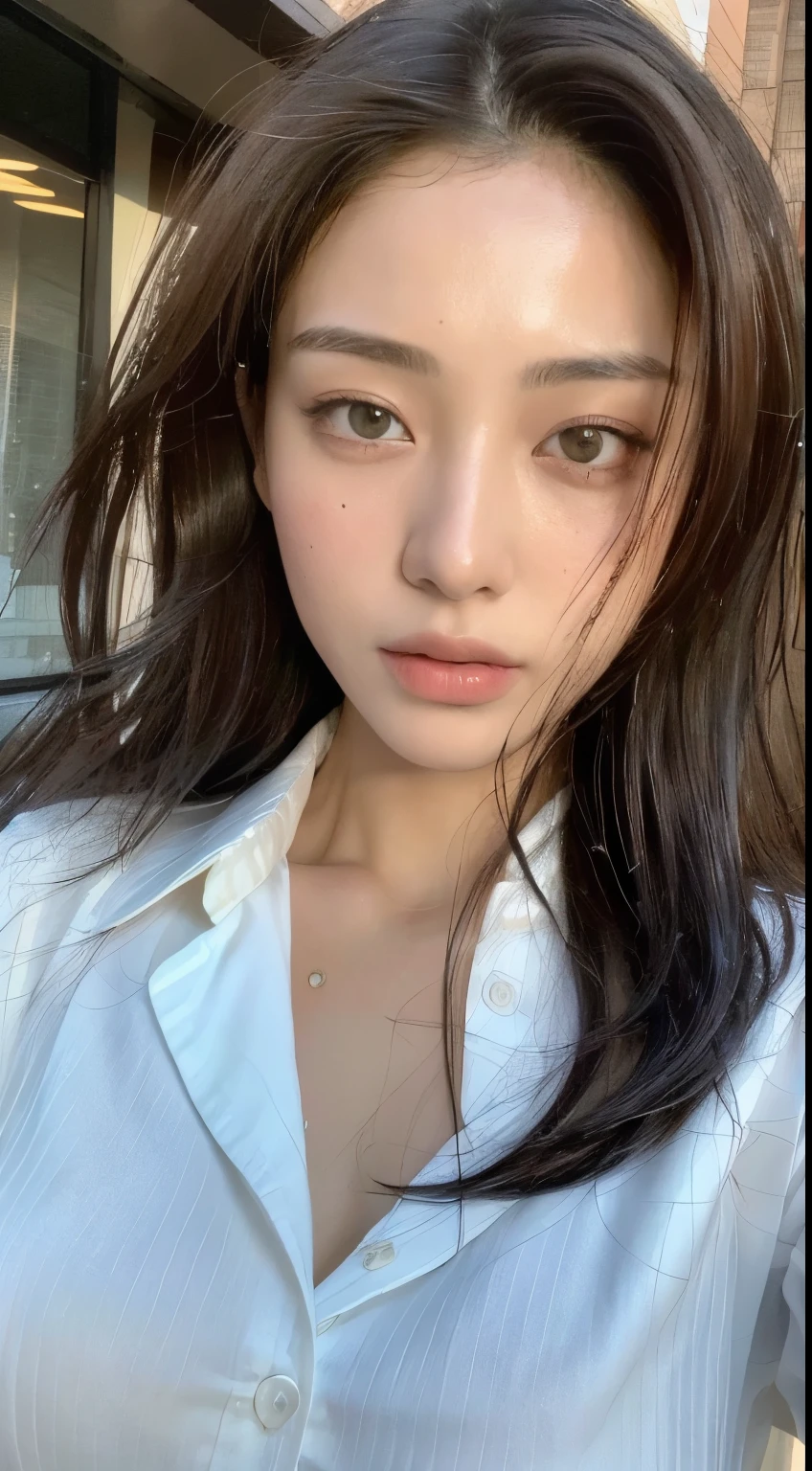 ((highest quality, 8k, masterpiece: 1.3)), sharp: 1.2, Perfect body beauty: 1.4, Slim Abs: 1.2, ((Layered Hairstyles, Big Breasts: 1.2)), (Wet White Button Long Shirt: 1.1), (rain, street: 1.2), Wet: 1.5, Highly detailed face and skin texture, Fine grain, double eyelid, Front view looking at the camera