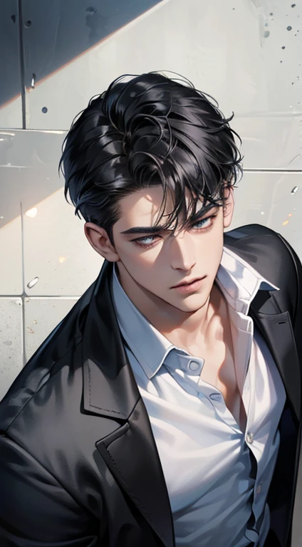 (best quality, masterpiece, 8K, photorealistic, cinematic lighting, 1:4 hdr image, top view, ultra detailed, beautiful image), a mature man, very handsome, short black hair, black eyes, perfect face without errors , ((buttoning his jacket, CEO))
